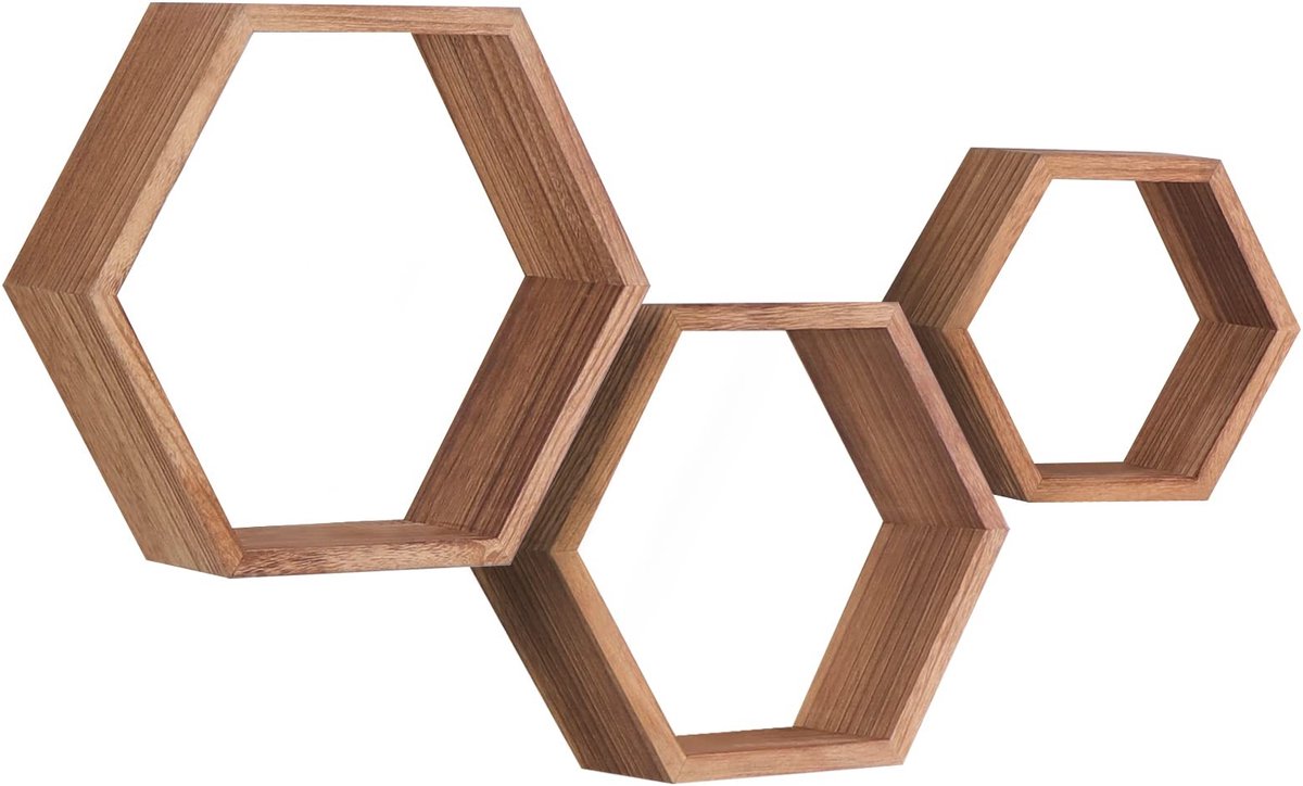 Omgoods - Set van 3 Zeshoekige Zwevende Planken van Massief Hout