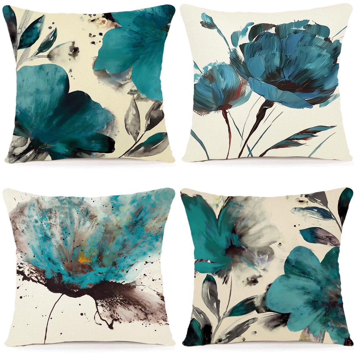Omgoods - Set van 4 Kussenhoezen 45 x 45 cm met Waterverf Bloemen