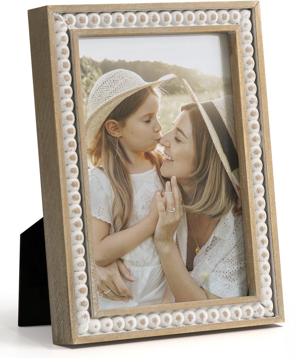 Omgoods- Fotolijst 10 x 15 cm Boho - Houten Fotolijst - Rustieke Lijst - Wanddecoratie - Kralenversiering - Boerderijstijl - Fotoframe