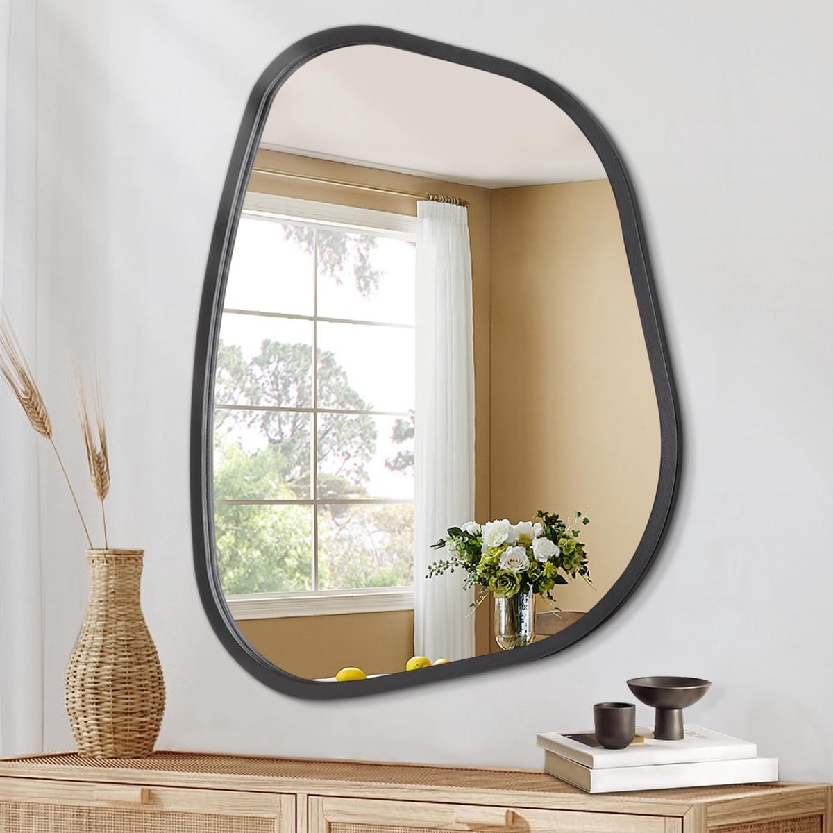 Omgoods - Moderne Asymmetrische Wandspiegel met Houten Frame 40 x 30 cm