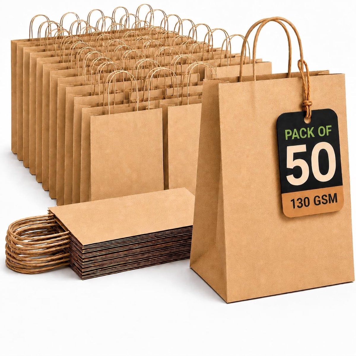 Omgoods - Set van 50 Bruine Papieren Tassen met Handvatten 130GSM