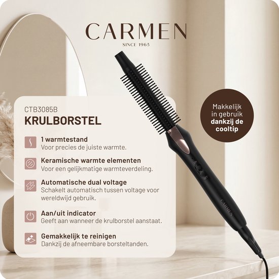 Carmen CTB3085B - Krulborstel - Diameter 19 mm - Dual voltage - Thermal brush - Keramische warmte elementen - Aan/uit indicator - Easy clean