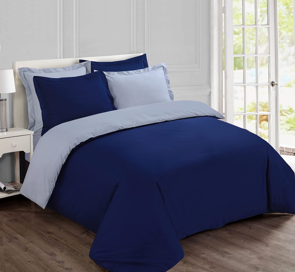 Omgoods - Tweezijdig Dekbedovertrekset Katoen Marineblauw/Grijs 200x200 cm met 2 Kussenslopen