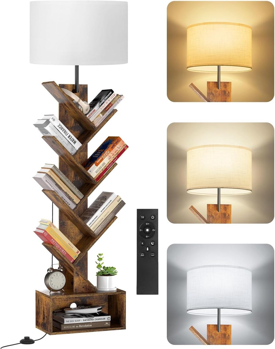 Boekenkast in Boomvorm met Verlichting, 6 Niveaus Hoekrek met Afstandsbediening en Timer, Compact Houten Rek voor Boeken, CD's en DVD's – Ideaal voor Woonkamer, Slaapkamer en Kinderkamer