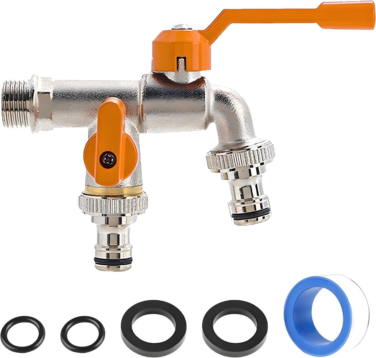 SnelShoppen - Outdoor Dubbele Kraan, Buitenwand Fixture, Messing Dubbele Tap, 3/4 Inch Buitenkranen voor Wasmachine, Regenmachine, Tuin