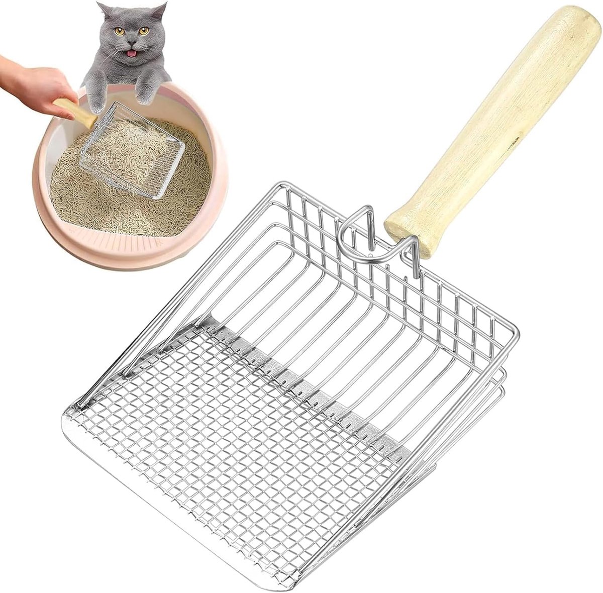 SnelShoppen - Kattenbaklepel van robuust metaal met ergonomisch houten handvat, fijne zeef, anti-aanbakcoating, eenvoudig schoon te maken, voor hond,