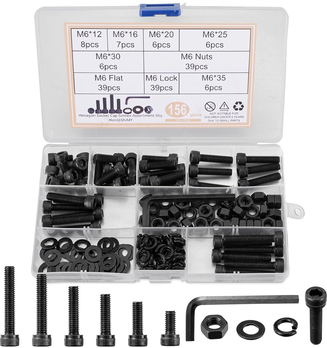 M6 Schroeven Set 156-delig - Hoogwaardige Carbon Staal - Compleet met Moeren en Ringen - Ideaal voor DIY en Meubels - SnelShoppen