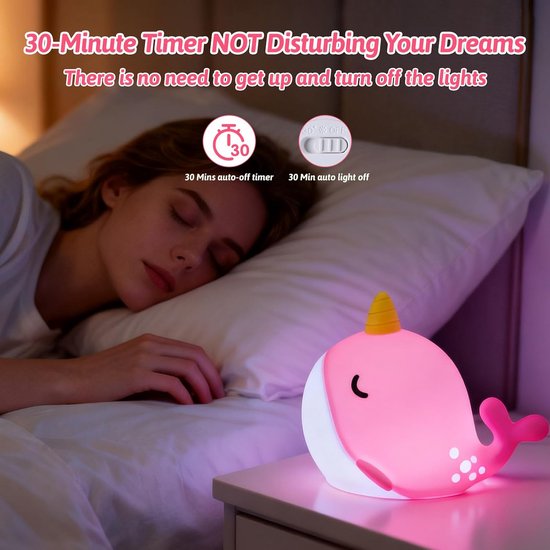 Roze nachtlampje - Nachtlampje voor kinderen - Narwal siliconen nachtlampje - Schattig nachtlampje met 7 kleuren - Draagbaar nachtlampje met aanraakbediening - USB oplaadbaar met timer - Geschikt als nachtlampje, verjaardagscadeau of woondecoratie — afbeelding 2