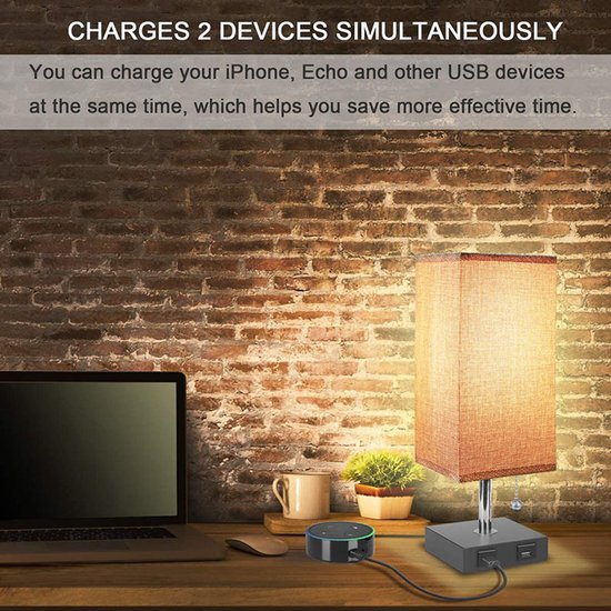Slaapkamerlamp - Nachtlampje - Leeslamp - Vierkante grijze stoffen nachtlamp - Met twee USB-oplaadpoorten - Geschikt voor slaapkamers, kantoren, logeerkamers en kinderkamers - Grijs — afbeelding 5