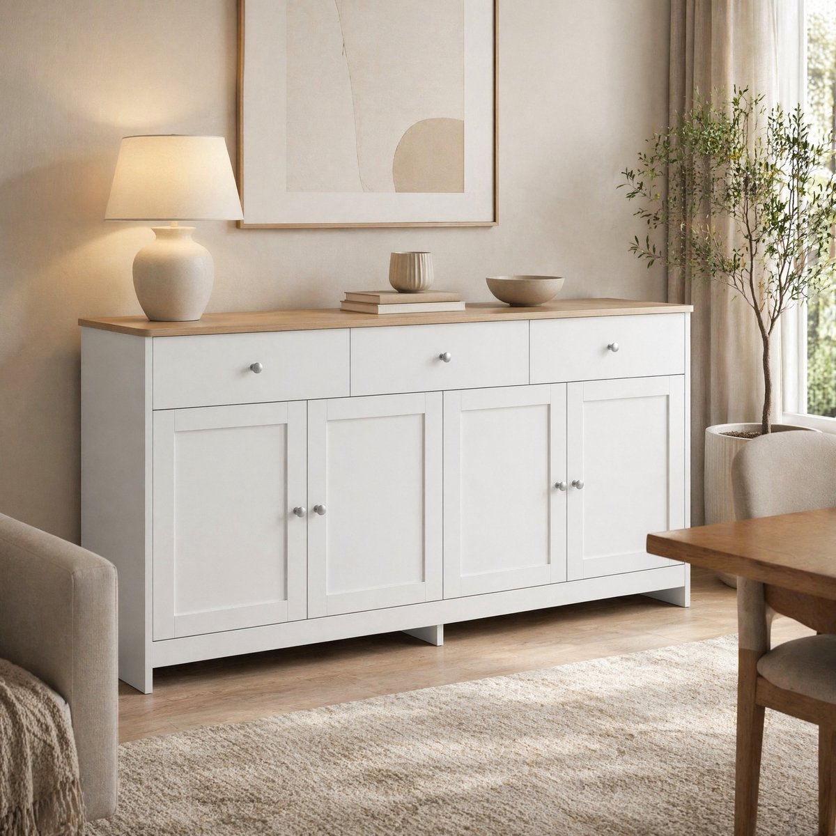 COVREO Dressoir 160x37x75 cm wit, MDF met 3 lades en verstelbare planken