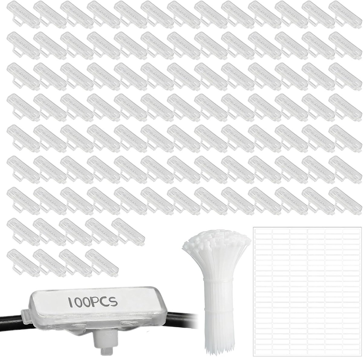 SnelShoppen - Kabelbelettering set met 100 herbruikbare kabeletiketten en 100 kabelbinders, witte markeringen voor het sorteren van kabels, ideaal voo