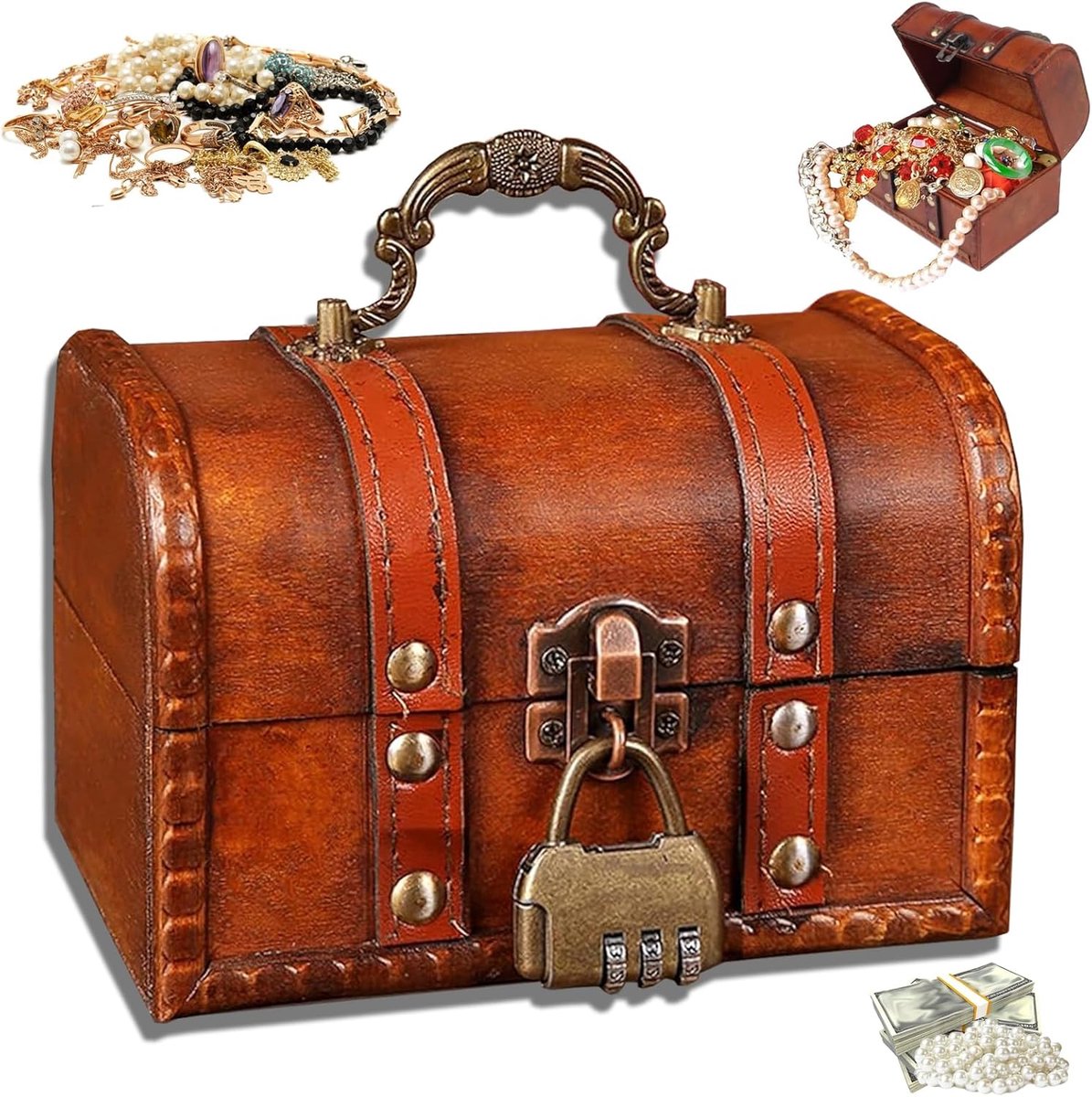 SnelShoppen - Vintage Houten Schattenbox, Kleine Schatkist met Digitale Slot, Retro Houten Kisten voor Kinderen, Sieraden Box, Mini Houten Opbergdoos