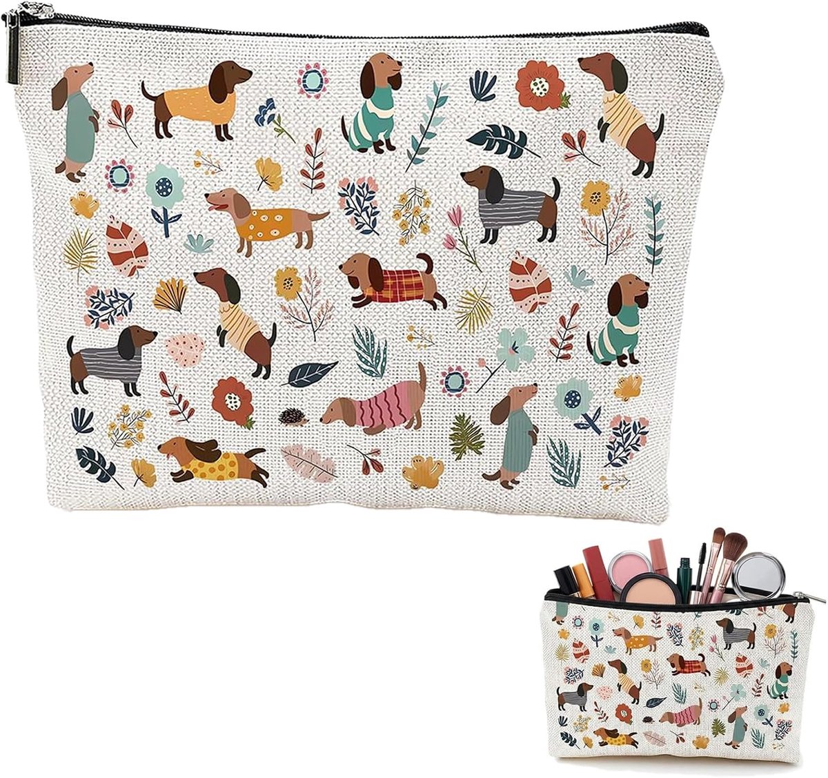 SnelShoppen - Cosmetische Tas - Reis-Toilettas voor Dames - 25 x 19 cm - Canvas - Dubbelzijdige 3D-Print - Teckel Motief - Ruime Opbergruimte voor Mak