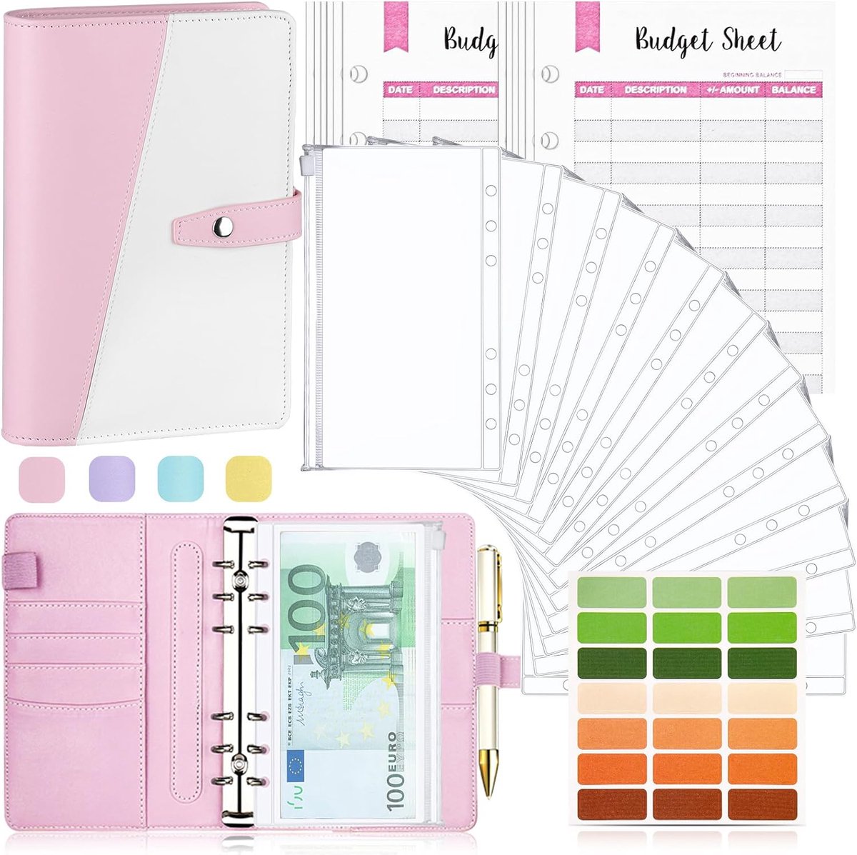 SnelShoppen - Budget Planner Set A6 met Enveloppen, PU Leer Budget Map, 6 Ringen, Transparante A6 Hoezen, 12 Budget Enveloppen en 24 Stickers, Roze