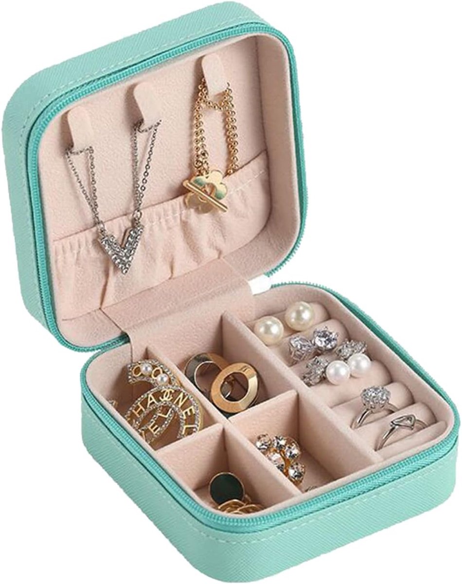 SnelShoppen - Draagbare Sieradenbox voor Vrouwen, Organiser voor Oorbellen, Kettingen, Armbanden, Ringen, Blauw, Hoogwaardig PU, Compact en Waterdicht