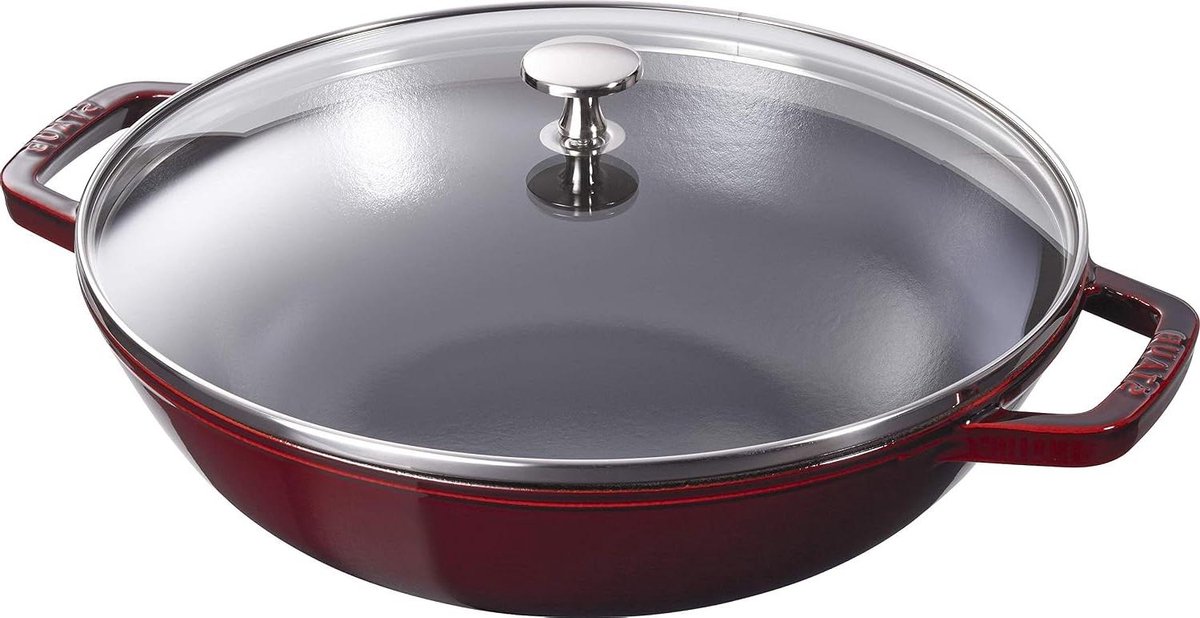 Gietijzeren Wok - Wokpan Gietijzer - Aziatisch Koken - Met Glazen Deksel - 30 cm - Rood