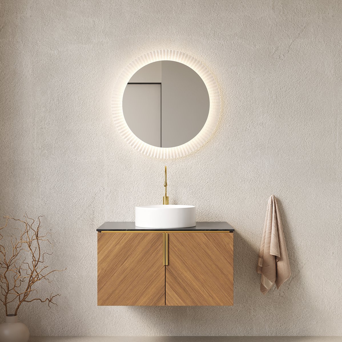 REDOM - Badkamerkast met wastafel - Wandmontage - 2-deurs opbergruimte - Soft-close - Moderne stijl - Badkamer - Multiplex, keramiek, steen - Zwart, Bruin eiken, Wit - 76 x 50 x 53,1 cm