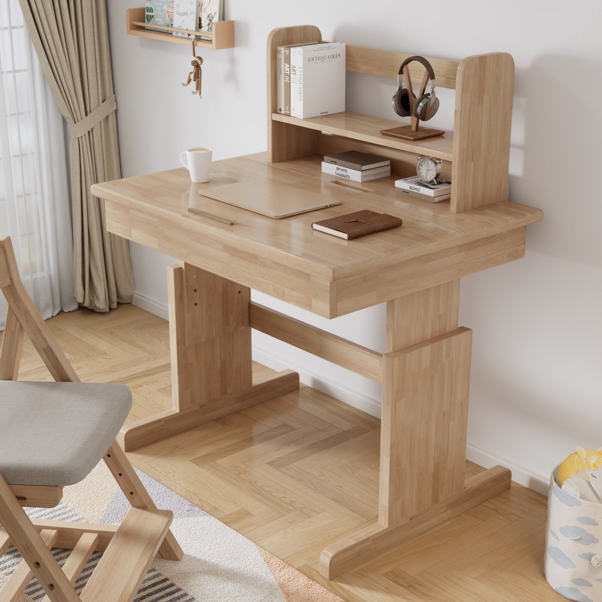 REDOM - Kindertafel - Hoogteverstelbaar - Opklapbaar tafelblad - Verstelbare schrijf-, lees- en tekenstanden - Voor kinderen vanaf 6 jaar - Hout - Naturel - 80 x 94 x 80 cm