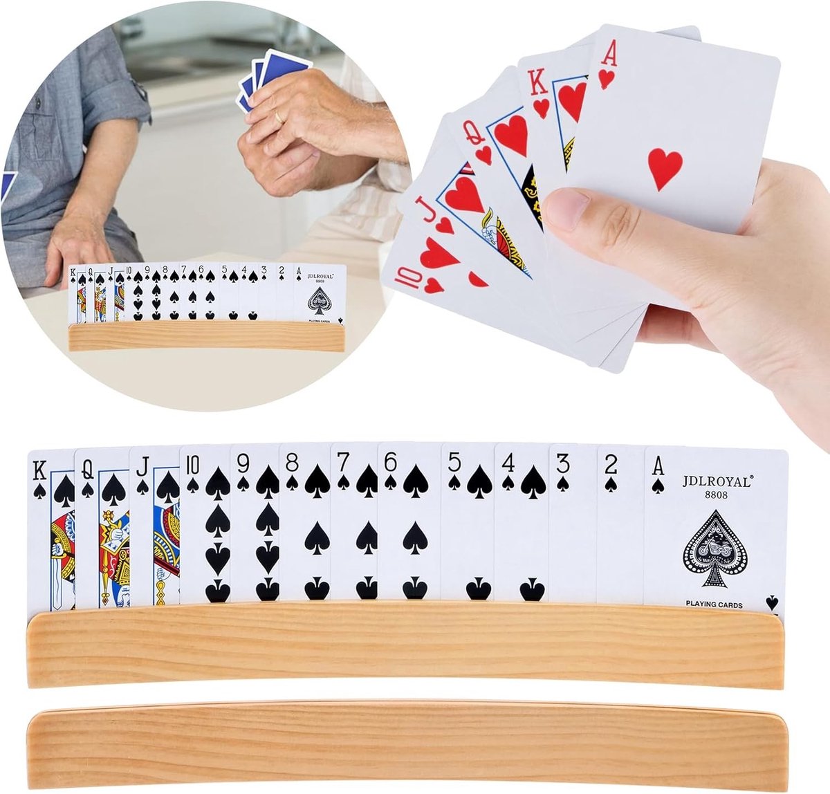 Houten Speelkaartenhouder, Set van 2, Ideaal voor Poker en Kaartspellen, Ergonomisch Ontwerp voor Kinderen en Ouderen