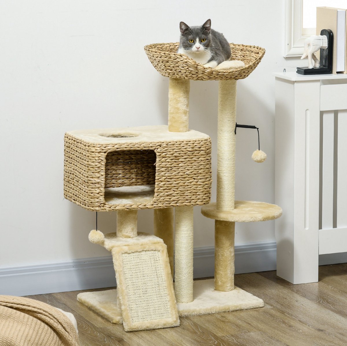 COVREO Krabpaal 98 cm beige, van sisal en pluche met kattenhuisje en speelbal