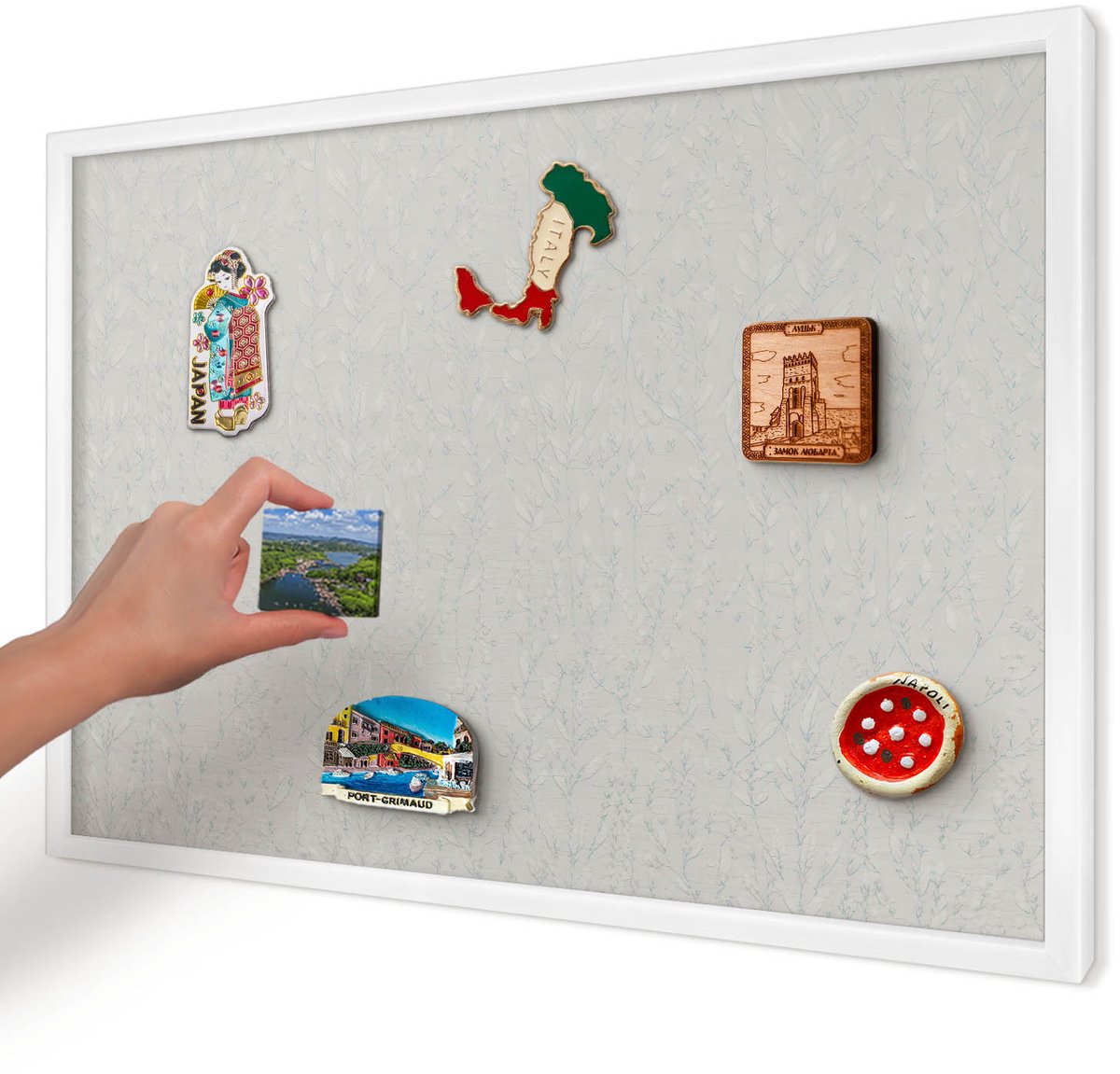 Artprintcave Grijs Magneetbord mit Witte Lijst - 60x40 cm - Plantenpatroon Bord Voor Magneten - Minimalist Memobord Keuken - Achtergronden En Patronen