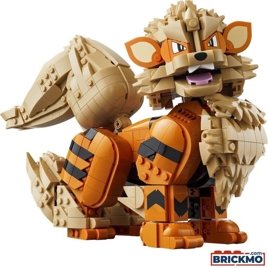 Gele en oranje LEGO Arcanine figuur, zittend, met pluizige manen en gestreepte poten.
