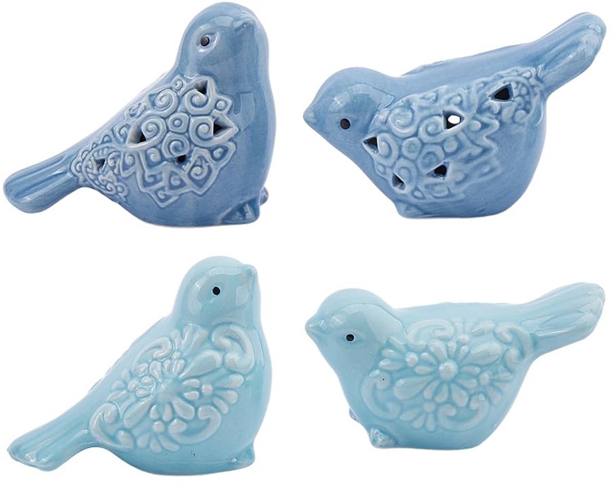 Omgoods - 4 Stuks Porselein Vogelstandbeeld - Keramische Vogels Beeldjes voor Huishouddecoratie