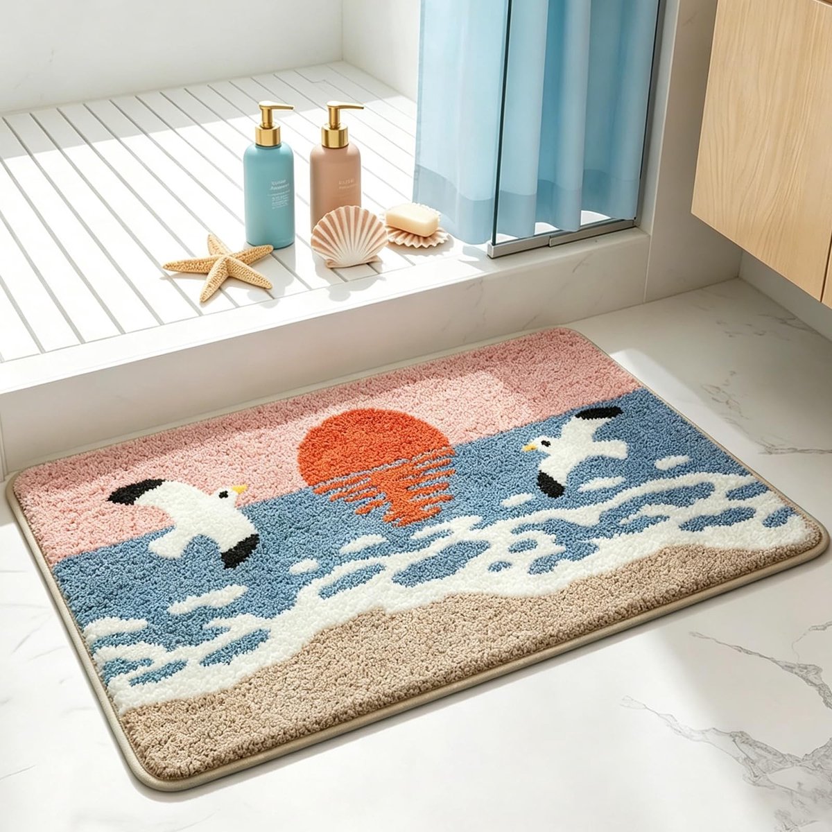 Omgoods - Antislip Badmat met Zonsondergang en Meeuwen voor Douche