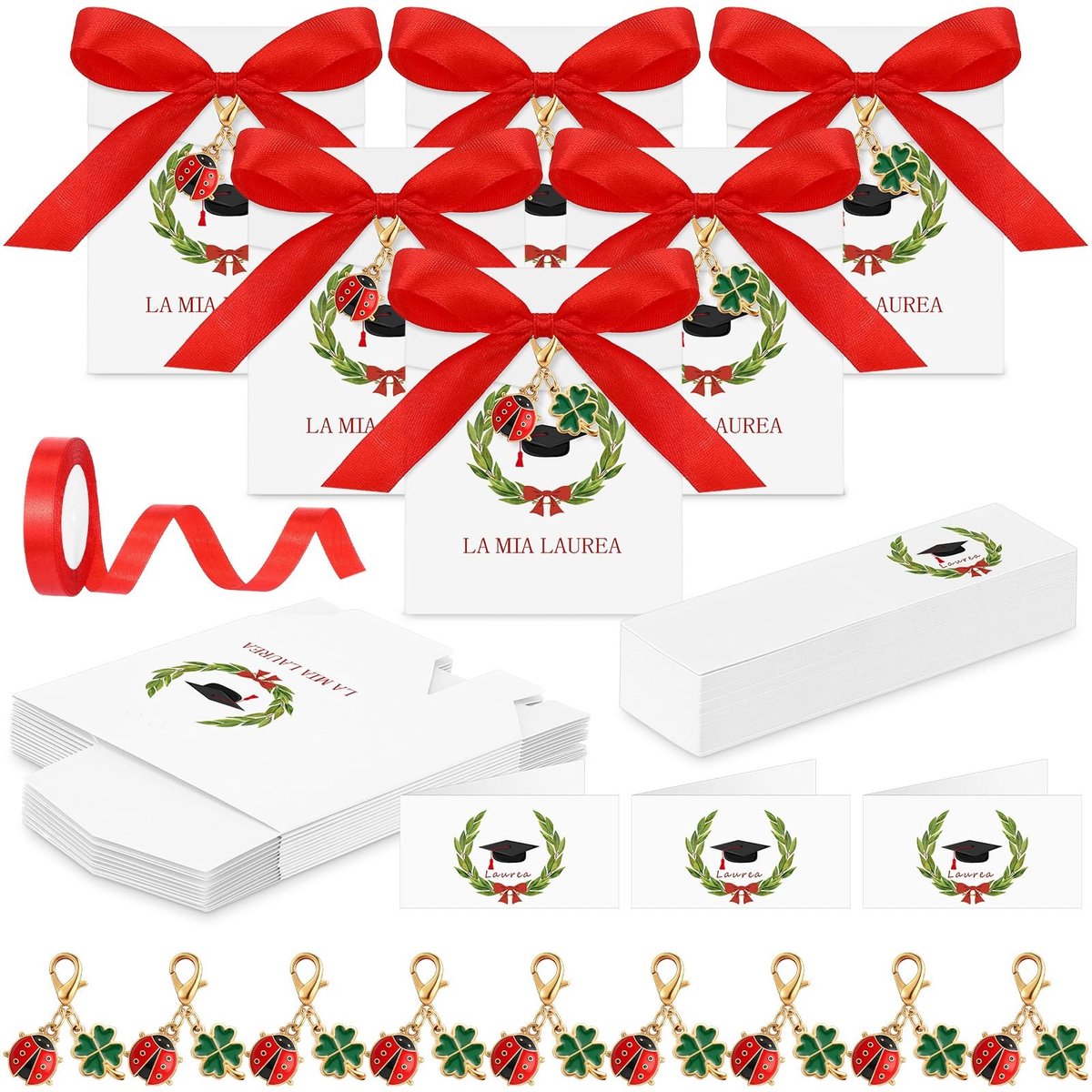 Omgoods - 30 Sets Afstudeercadeautjes - Sleutelhangers met Gelukshangertjes en Cadeaulabels