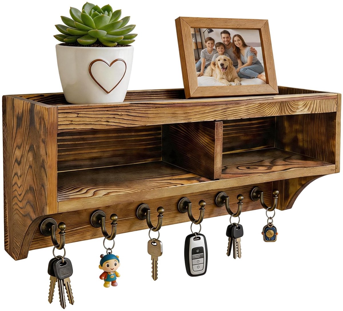 Omgoods - Houten Sleutelrek met Plank, Muurbeugel met 6 Haken