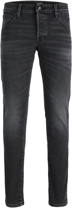 Voorkant van een grijze jeans met knoopsluiting en lichte wassing.
