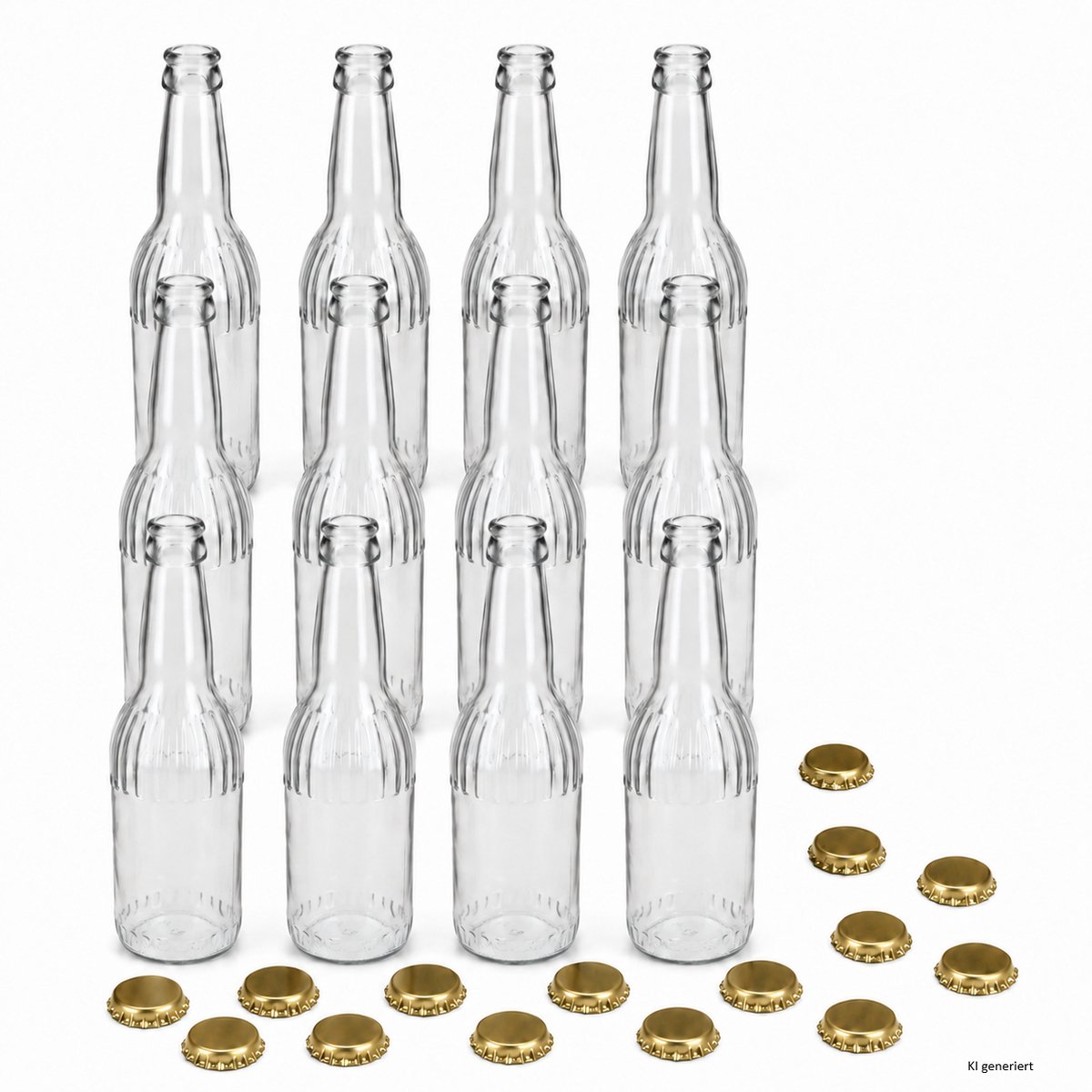 Set van 12 LINEA-flesjes van 0,33 l, transparant, met 15 gouden kroonkurken – 12x 24915 & 15x 24064