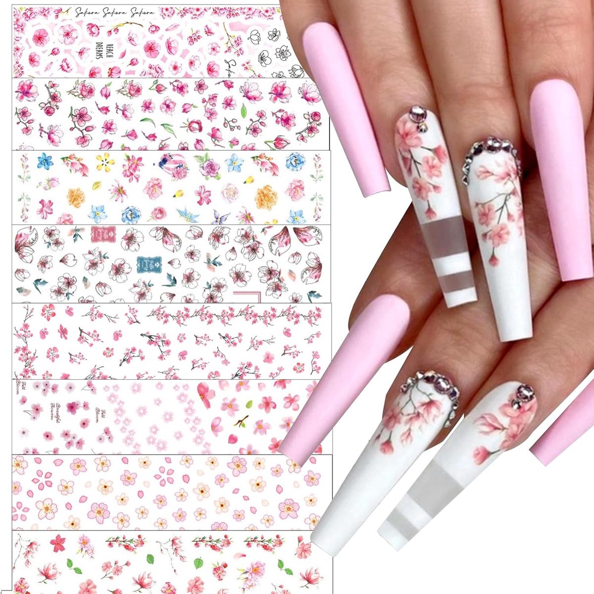 SnelShoppen - 8 Retro Sakura Nagelstickers, 3D Design, Gepersonaliseerde Bloemen Nagelstickers voor Vrouwen, Veilig Materiaal, Geschikt voor Natuurlij