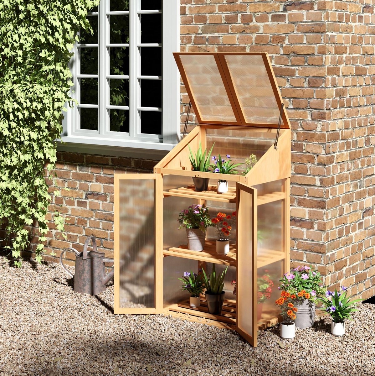 COVREO Kweekkas 70x50x120 cm bruin, hout met 3 planken en dubbele deur