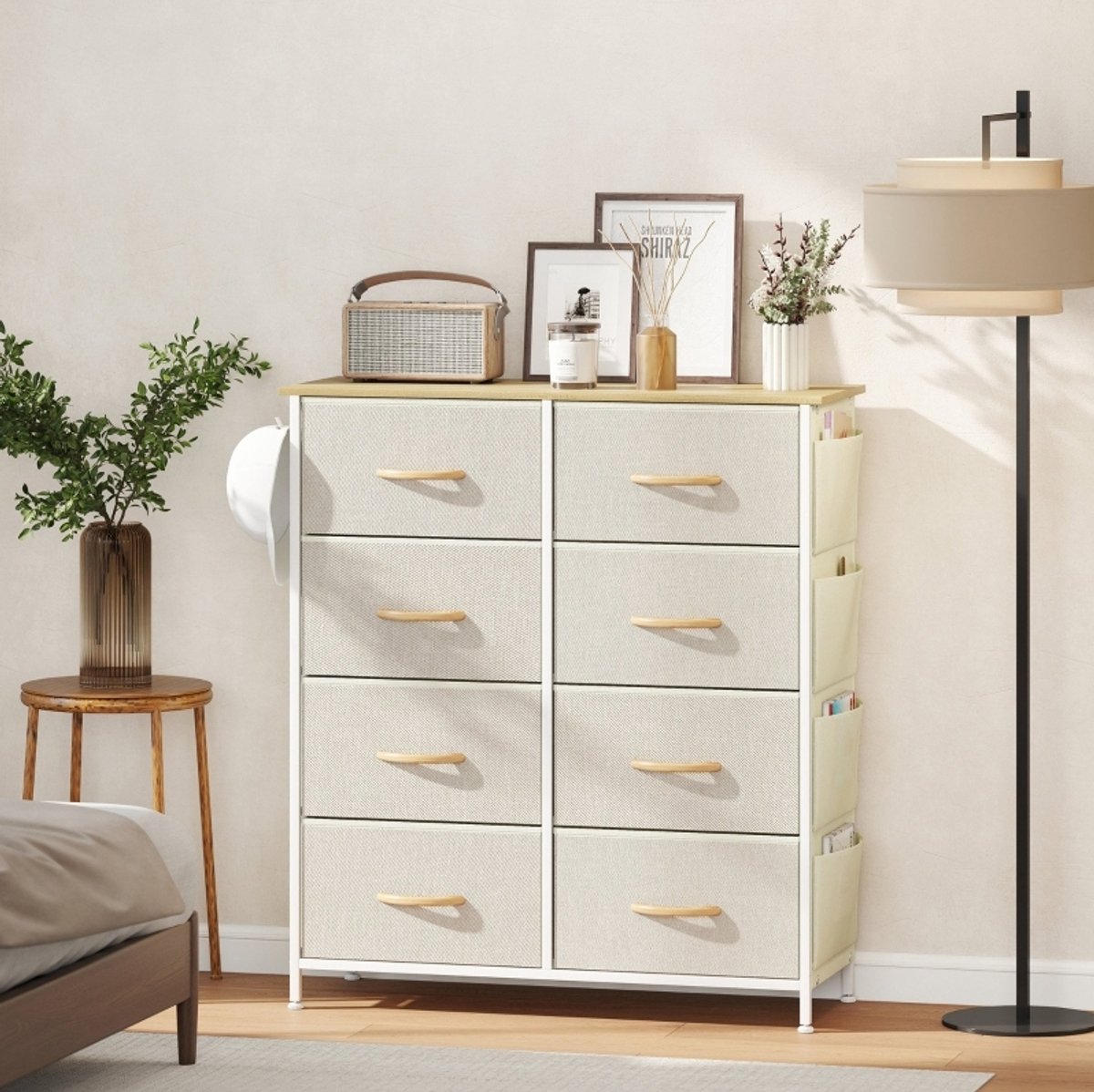 COVREO Kommode 86 x 30 x 94,5 cm beige, staal en stof, 8 lades met opbergtasjes