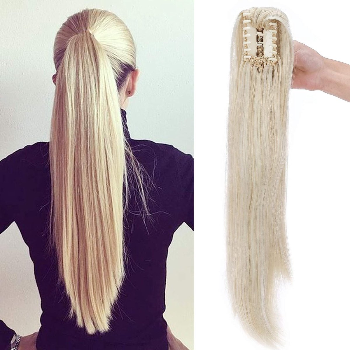 Ponytail Extension met Clip en Vlecht, Hittebestendig Micro-Golvend Haarstuk van 55 cm in Bleached Blonde voor een Natuurlijke Look