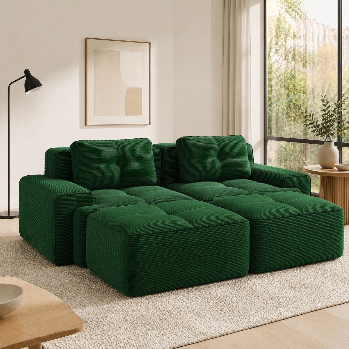 MODENUIT U-bank 204 x 177 x 69 cm - Modulair Met Ottoman En Diepe Zitting - Voor Woonkamer - Cord Groen