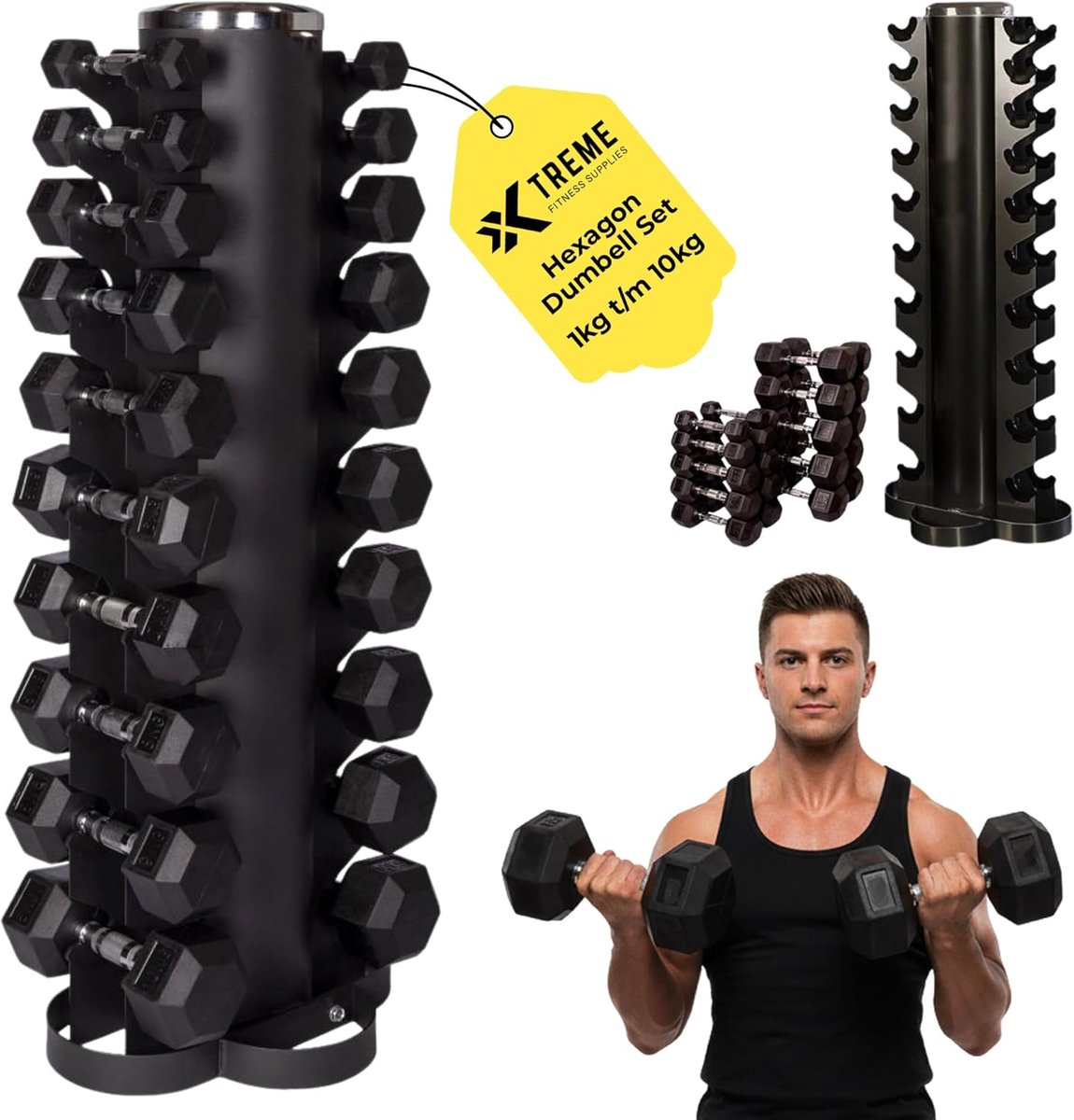 SnelShoppen - Hexagon Dumbbell Set 1–10 kg, Compleet met 10 Paar Zeshoekige Halters en Duurzame Halterstandaard voor Thuisgym en Studio, Compacte Gewi