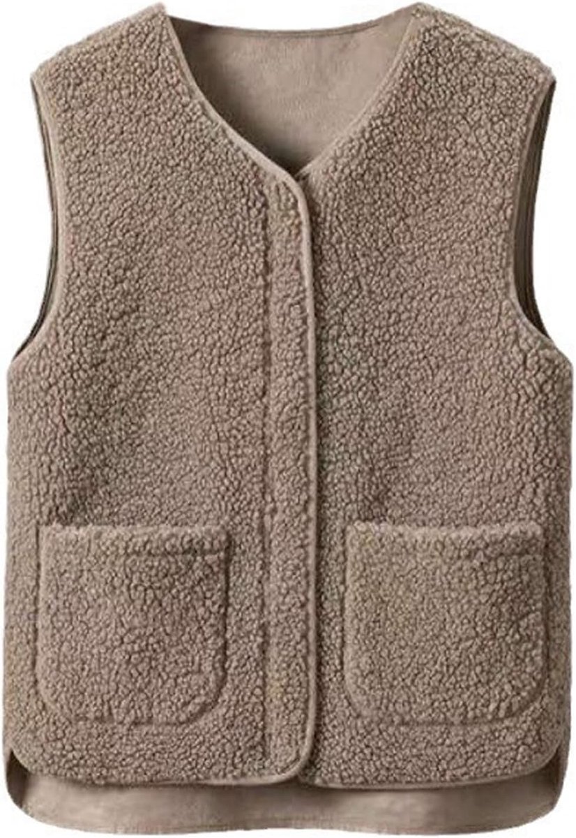 Vest voor dames, mouwloos teddy-vest, effen, V-hals, knopen, fleecevest, bont, kort, pluche vest, dames, vest, herfst
