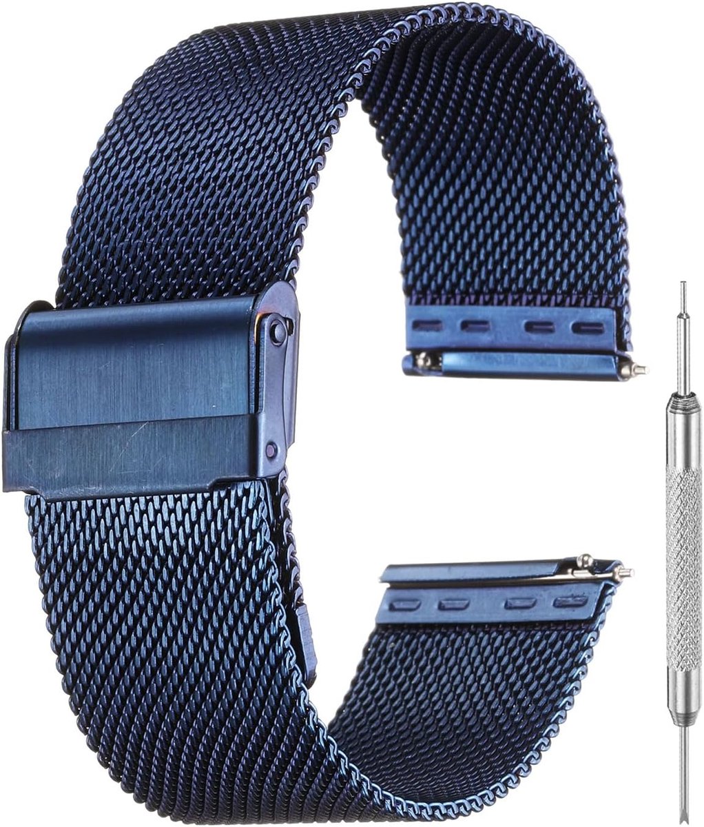 Mesh horlogebandjes voor mannen en vrouwen, roestvrij staal, snelwissel-mesh horlogeband, Milanese armband, verstelbare reservearmband met gereedschap voor geschenken (24 mm, donkerblauw)