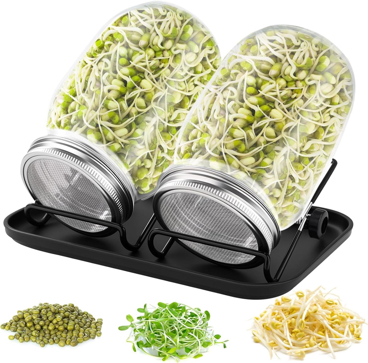 Kiemglas set van 2 kiemglazen voor kiemglas Sprouting Jar met 1 zwarte waterschaal 2 filterroosterafdekkingen van roestvrij staal 304 en 2 standaard voor Alfalfa broccoli Mungbonen