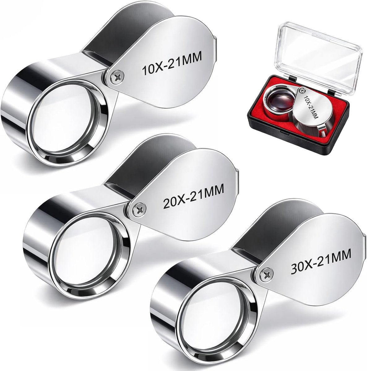Juweliervergrootglas 10X, 20X, 30X, opvouwbaar, van roestvrij staal, voor munten, diamanten, sieraden, postzegels (zilver), 3 stuks