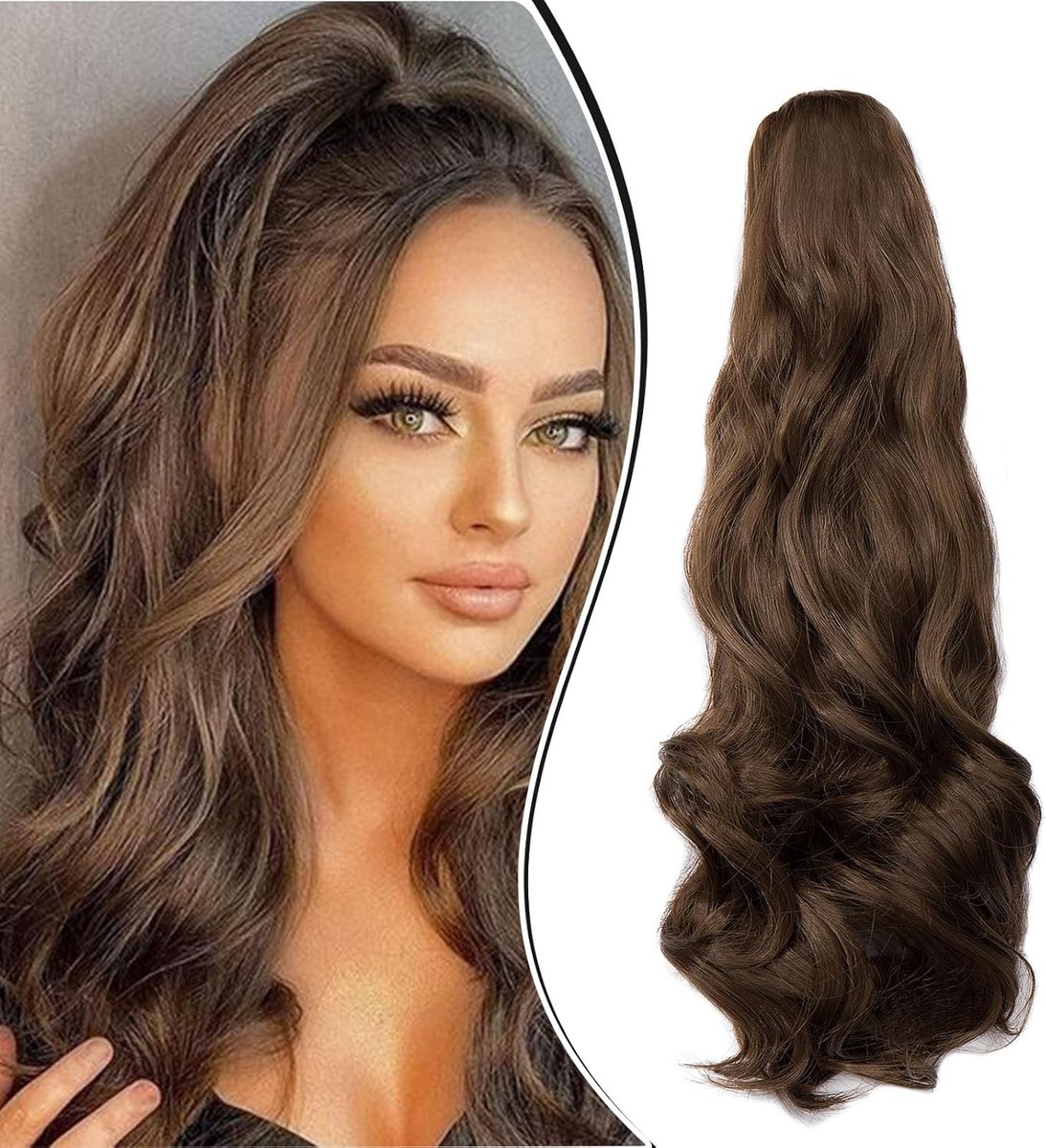 45cm Paardenstaart Haarstuk Vlecht Verlenging Klauw Golvende Lange Paardenstaart Extensies Haarverlenging Synthetische Clip in Ponytail Haarextensies, Kastanjebruin