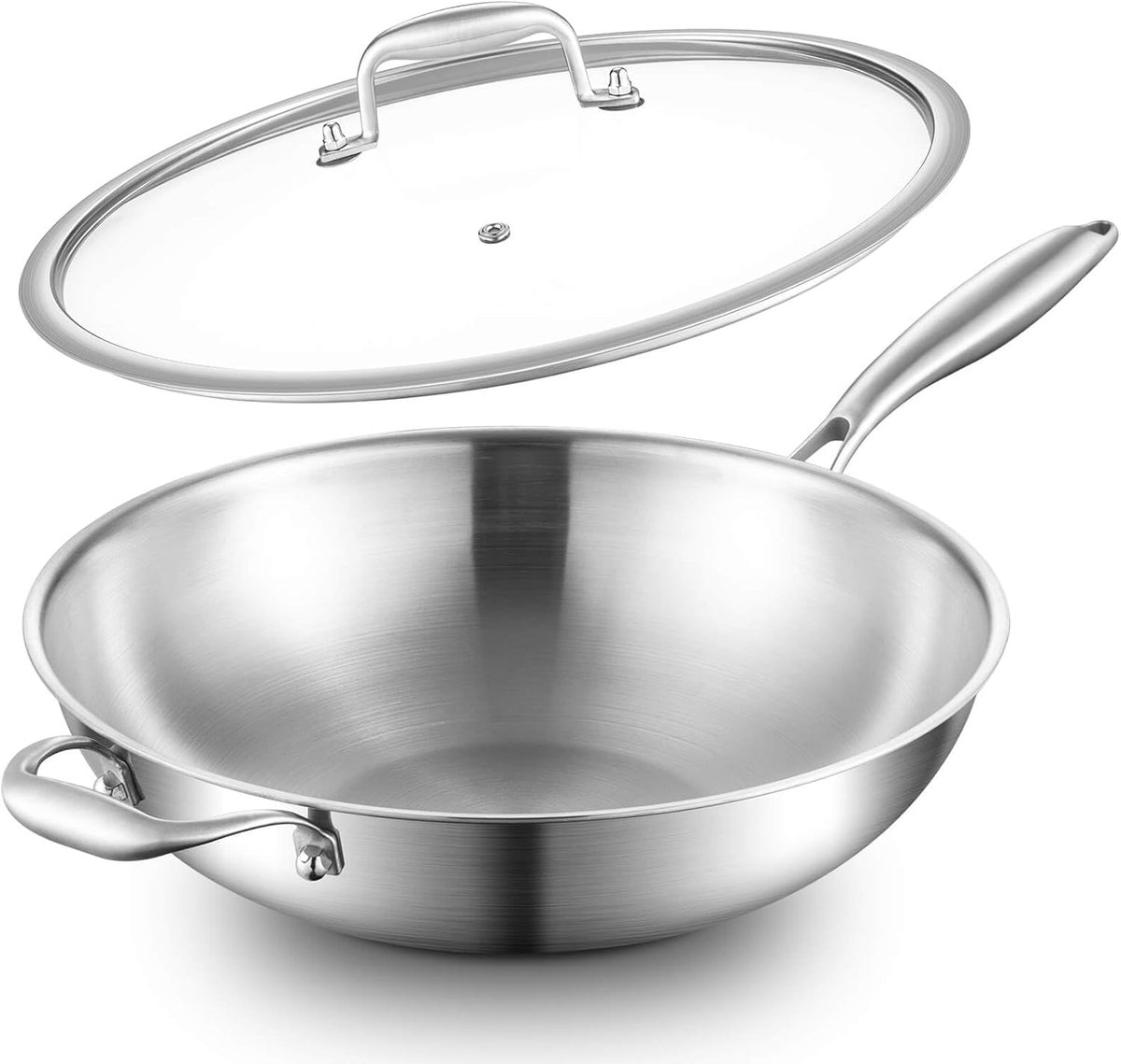 Sauteer- en bakpan Ongecoat Inductie 30cm: 3-laagse roestvrijstalen wok, vrij van PFOA, PTFE, met deksel en hendels, ovenbestendig tot 400°C
