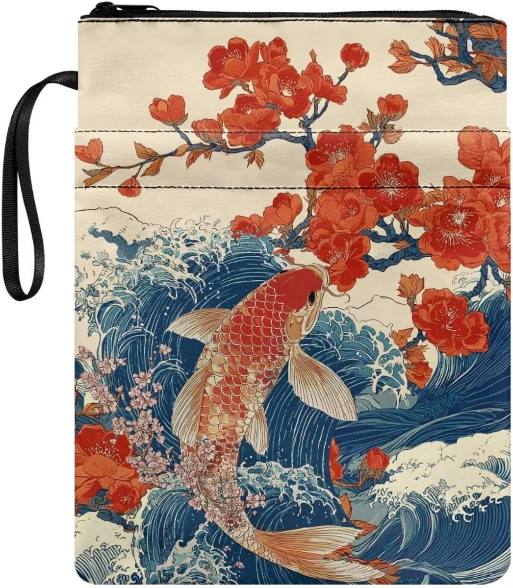Polyester Boekhoes voor studieboeken, paperbacks, notebooks, leesaccessoires boekentas voor reisschool, koi vis pruimenbloesem zeegolfpatroon oosters Japan esthetisch