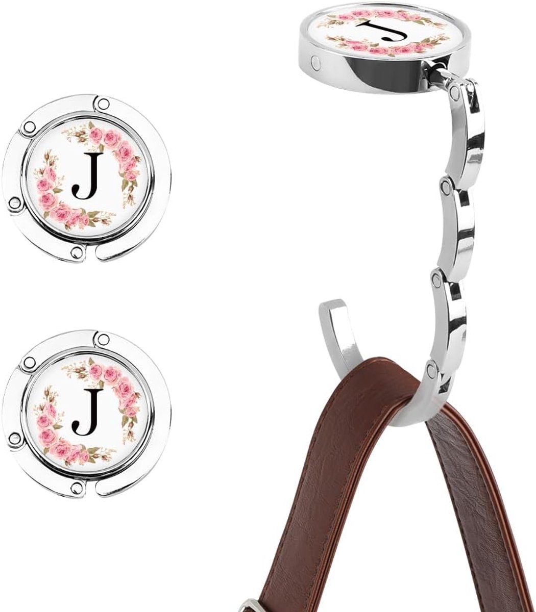 2 stuks letter A-Z handtashaak, gepersonaliseerde voorletters handtashaak voor tafel, bloemletter handtassenhouder, opvouwbare tassenophang voor vrouwen, tassenhouder voor tafel (J)