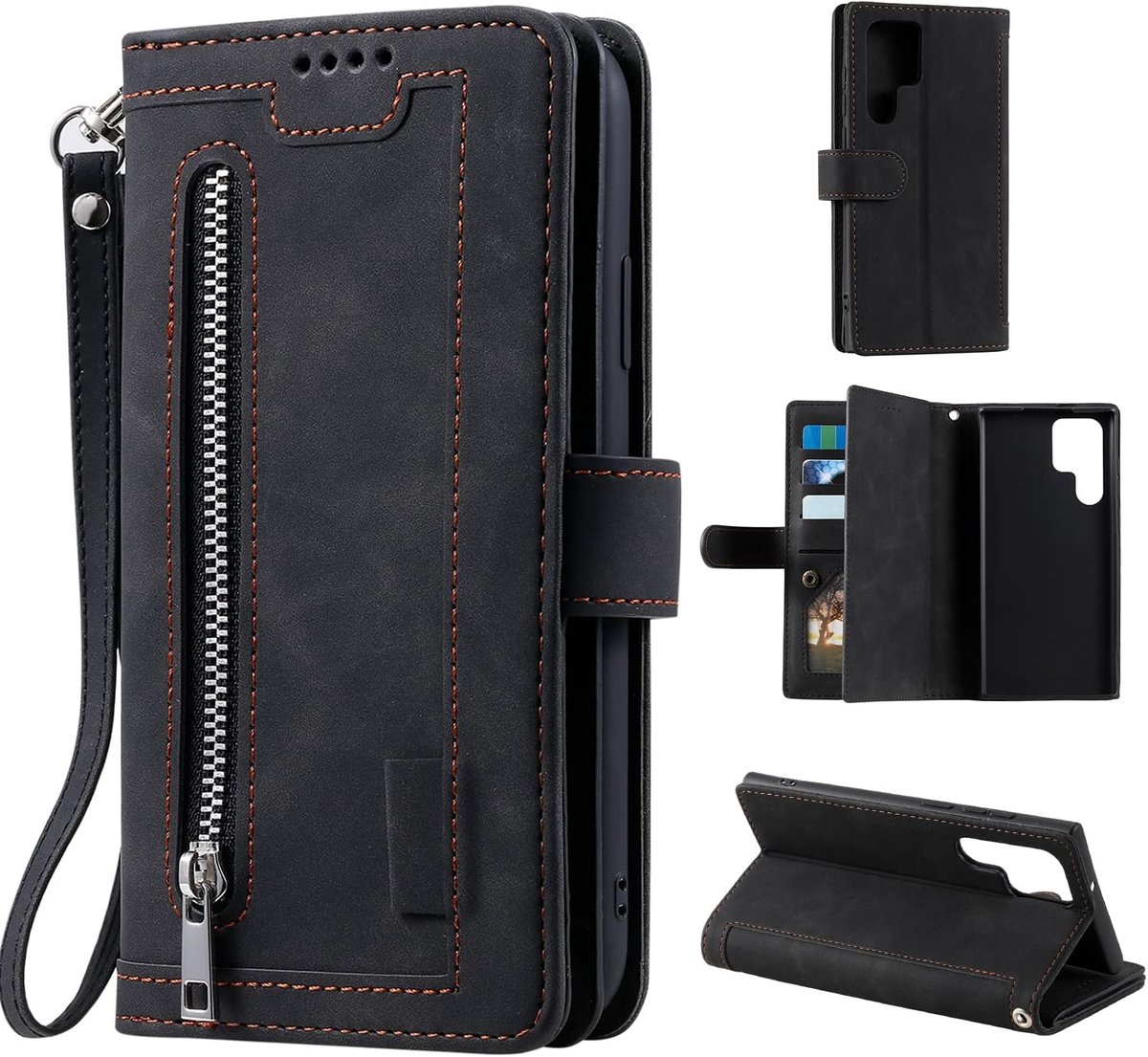 Hoes voor mobiele telefoon voor Samsung Galaxy S24 Ultra, flip case, lederen hoes, ritssluiting, magneetsluiting, portefeuille, met 9 kaartvakken, standaard, retro, mat, leren hoes, zwart