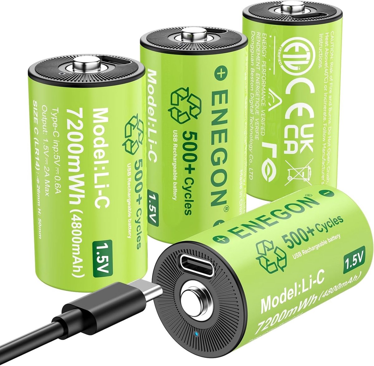 Oplaadbare C/LR14-batterijen 1,5 V, 7200 mWh met USB-C snellaadkabel voor cd-spelers, radio's en zaklampen, perfect voor camping en noodverlichting