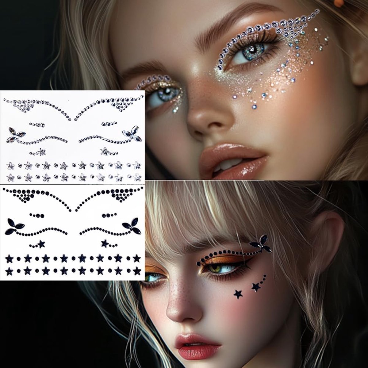 2 stuks rave stickers eyeliner edelstenen, strass, festival, eyeliner, gezicht, Bindi decoraties, glitter, kristallen stickers voor mannen, vrouwen, kinderen, Halloween, strijk, make-up kostuum