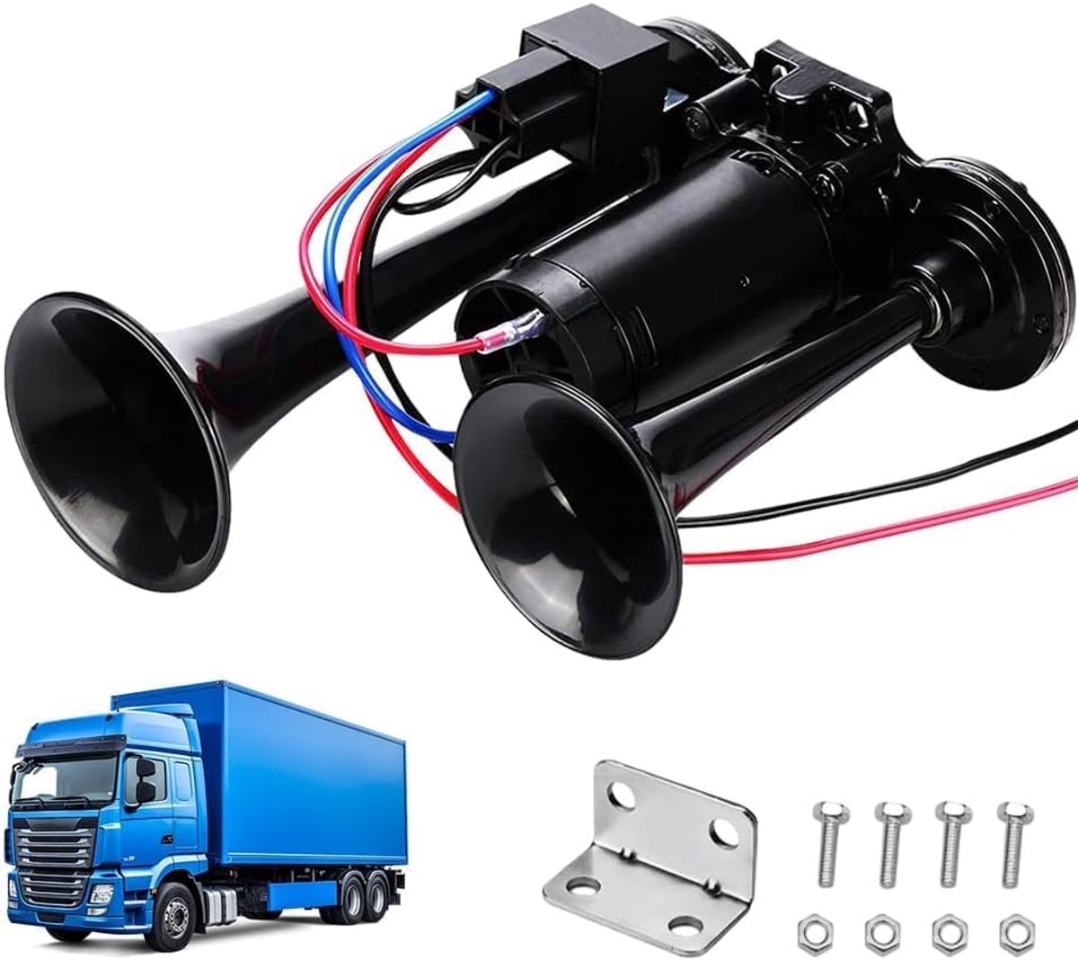 Luchthoorn voor vrachtwagens, 24 V, 120 dB, super luid, dubbele buis, treinhoorn met compressor, luchthoorn, luchthoorn, luide claxon, kit voor 24 V voertuigen, vrachtwagens, lorries, treinen, boten